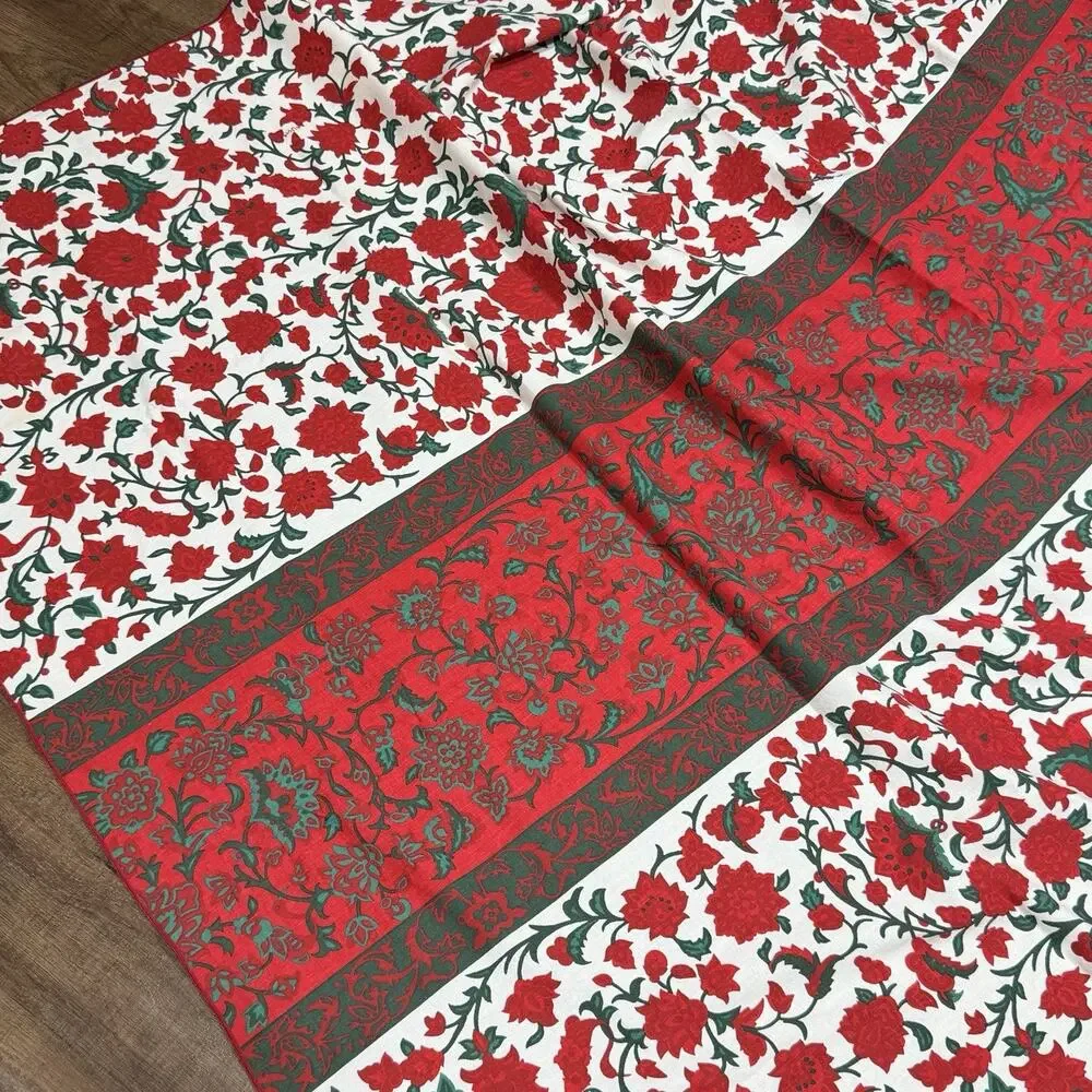 Vintage Vera Neumann Red Green Christmas Floral Linen Tablecloth 70s 64x84